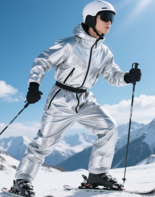 Wearing metallic ski suit