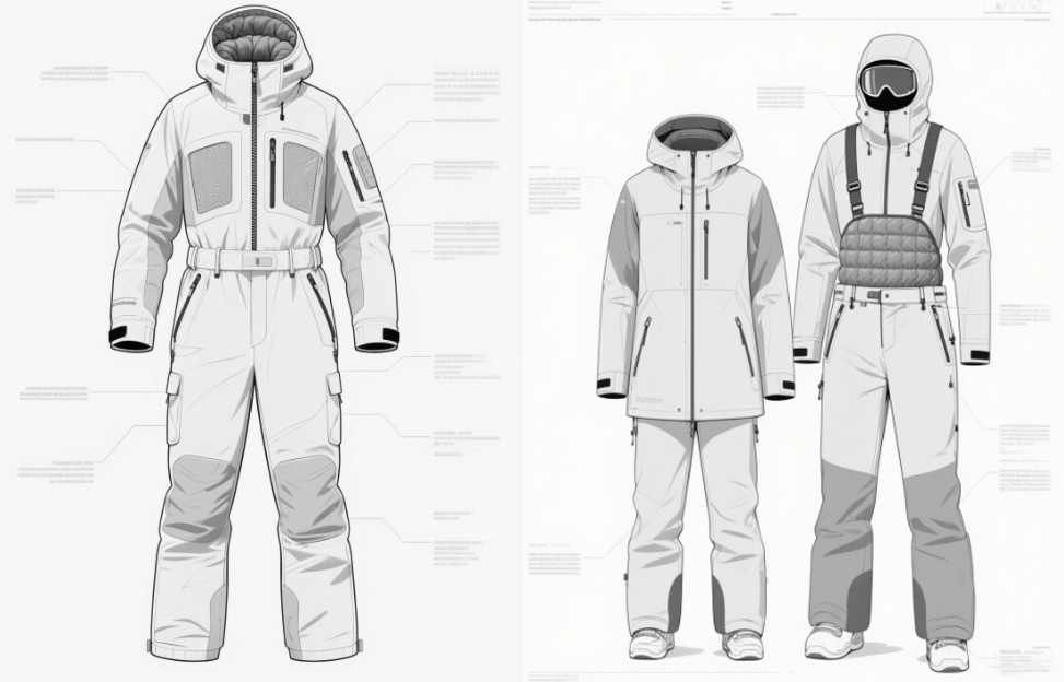 for one-piece and two-piece ski suits